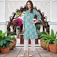 Printed Cotton Kurta for Women, Turquoise Blue