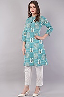 Printed Cotton Kurta for Women, Turquoise Blue