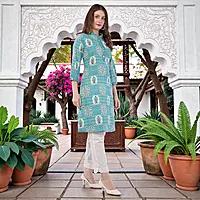 Printed Cotton Kurta for Women, Turquoise Blue