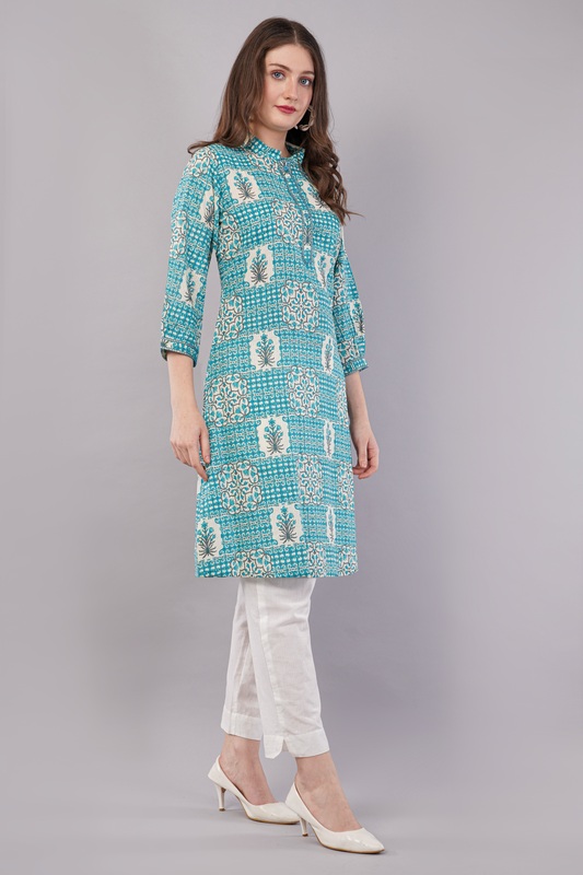 Printed Cotton Kurta for Women, Turquoise Blue