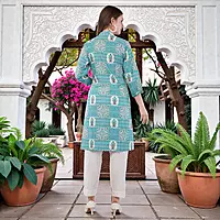 Printed Cotton Kurta for Women, Turquoise Blue