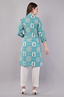 Printed Cotton Kurta for Women, Turquoise Blue