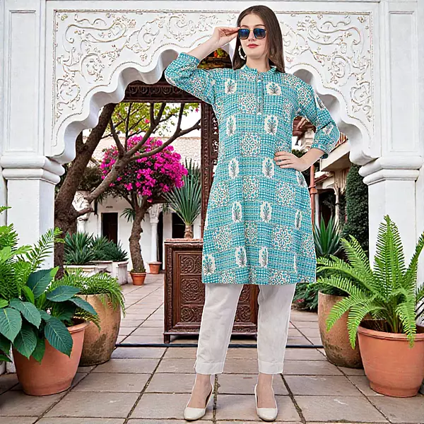 Printed Cotton Kurta for Women, Turquoise Blue