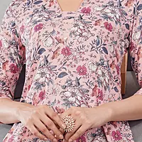 Women's Floral Print Cotton Kurta with Solid Pink Palazzo Pant Set, 3/4 Sleeves, V-Neck, Salwar Suit