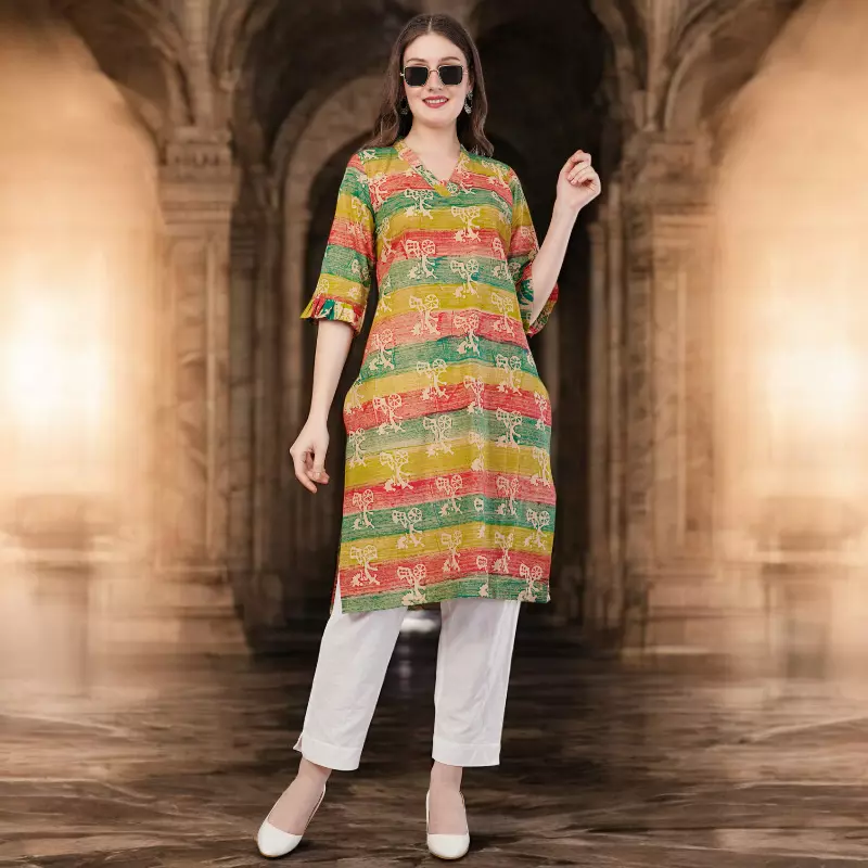 Printed Cotton Kurta for Women, Multi-Coloured