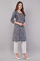 Women's Printed Cotton Kurta, Blue and Pink Paisley Pattern