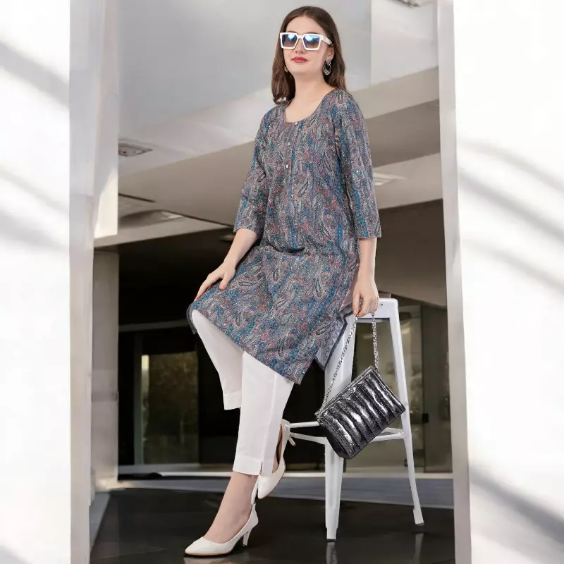 Women's Printed Cotton Kurta, Blue and Pink Paisley Pattern