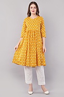 Anarkali Printed Yellow Cotton Kurta / kurti for Women, Knee Length