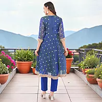 Women's Blue Silk Blend Floral Embroidered Anarkali Kurta Set with Dupatta