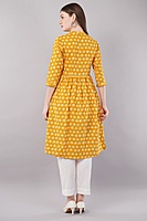 Anarkali Printed Yellow Cotton Kurta / kurti for Women, Knee Length