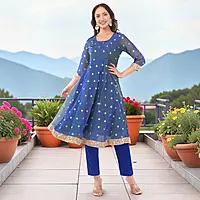 Women's Blue Silk Blend Floral Embroidered Anarkali Kurta Set with Dupatta