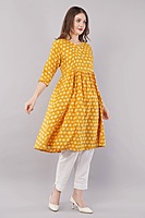 Anarkali Printed Yellow Cotton Kurta / kurti for Women, Knee Length