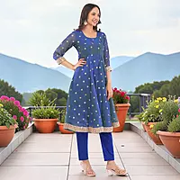 Women's Blue Silk Blend Floral Embroidered Anarkali Kurta Set with Dupatta
