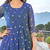 Women's Blue Silk Blend Floral Embroidered Anarkali Kurta Set with Dupatta