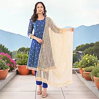Women's Blue Silk Blend Floral Embroidered Anarkali Kurta Set with Dupatta