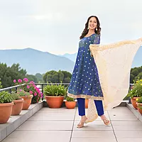 Women's Blue Silk Blend Floral Embroidered Anarkali Kurta Set with Dupatta
