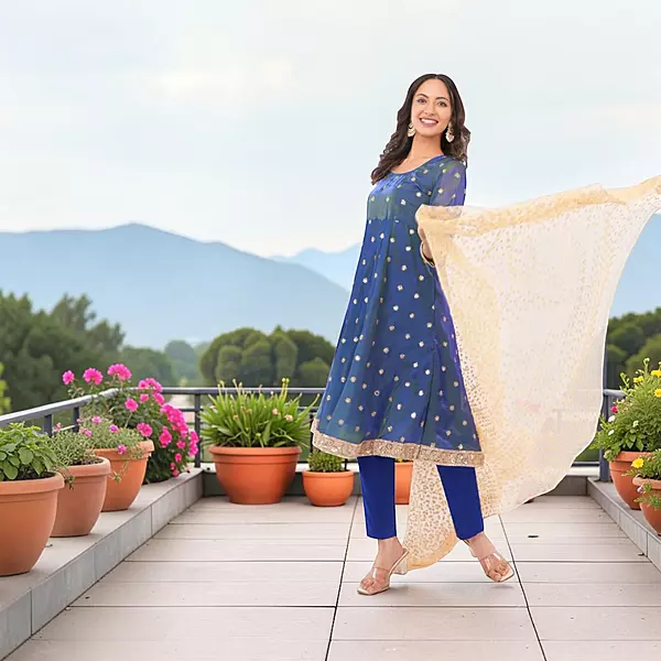 Women's Blue Silk Blend Floral Embroidered Anarkali Kurta Set with Dupatta