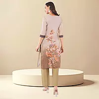 Women's Brown Pure Cotton Straight Printed Floral Three-Quarter Salwar Suit Set