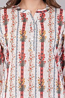 Printed Cotton Chikankari Kurta for Women, Floral Design, 3/4 Sleeves