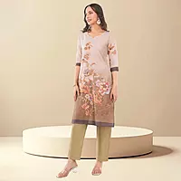 Women's Brown Pure Cotton Straight Printed Floral Three-Quarter Salwar Suit Set