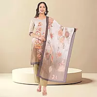 Women's Brown Pure Cotton Straight Printed Floral Three-Quarter Salwar Suit Set