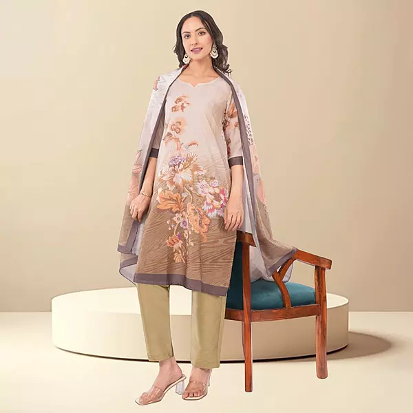 Women's Brown Pure Cotton Straight Printed Floral Three-Quarter Salwar Suit Set
