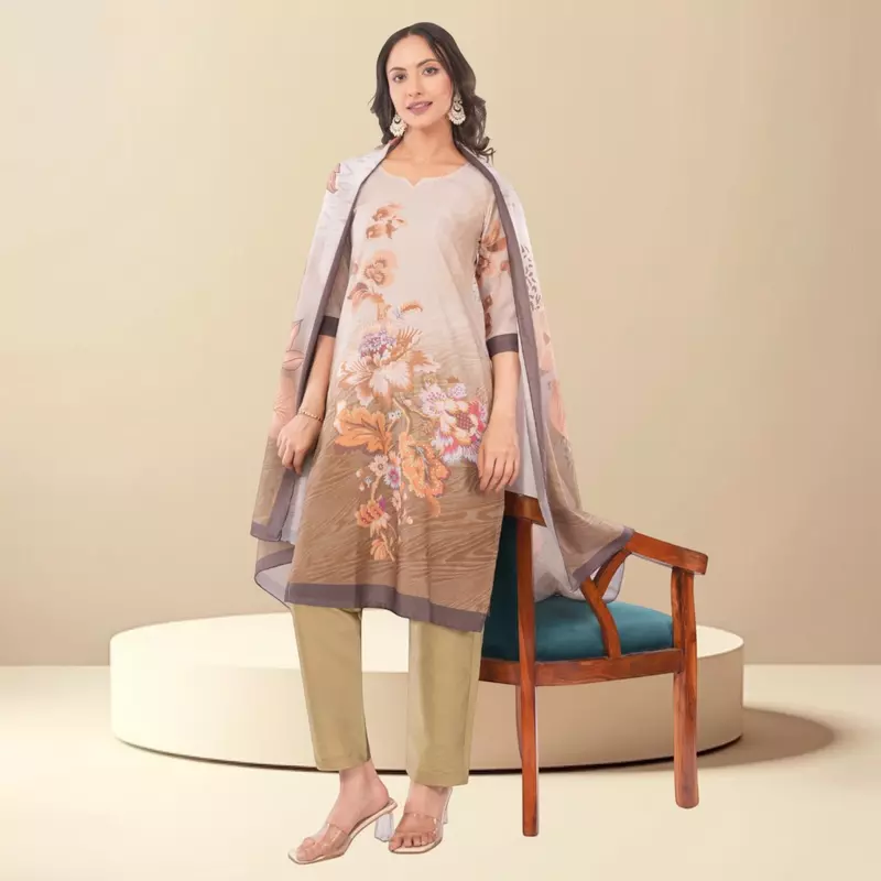 Women's Brown Pure Cotton Straight Printed Floral Three-Quarter Salwar Suit Set