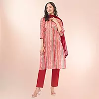 Women Red Pure Cotton Straight Printed Three-Quarter Sleeves Salwar Suit Set