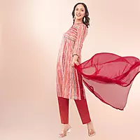 Women Red Pure Cotton Straight Printed Three-Quarter Sleeves Salwar Suit Set