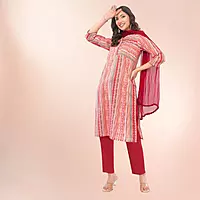 Women Red Pure Cotton Straight Printed Three-Quarter Sleeves Salwar Suit Set