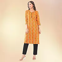 Women's Yellow Pure Cotton Straight Printed Three-Quarter Sleeves Kurta Set