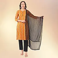 Women's Yellow Pure Cotton Straight Printed Three-Quarter Sleeves Kurta Set