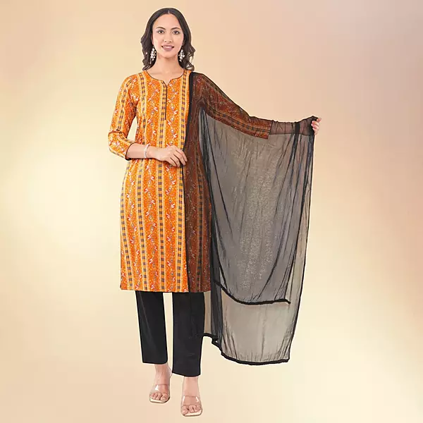 Women's Yellow Pure Cotton Straight Printed Three-Quarter Sleeves Kurta Set