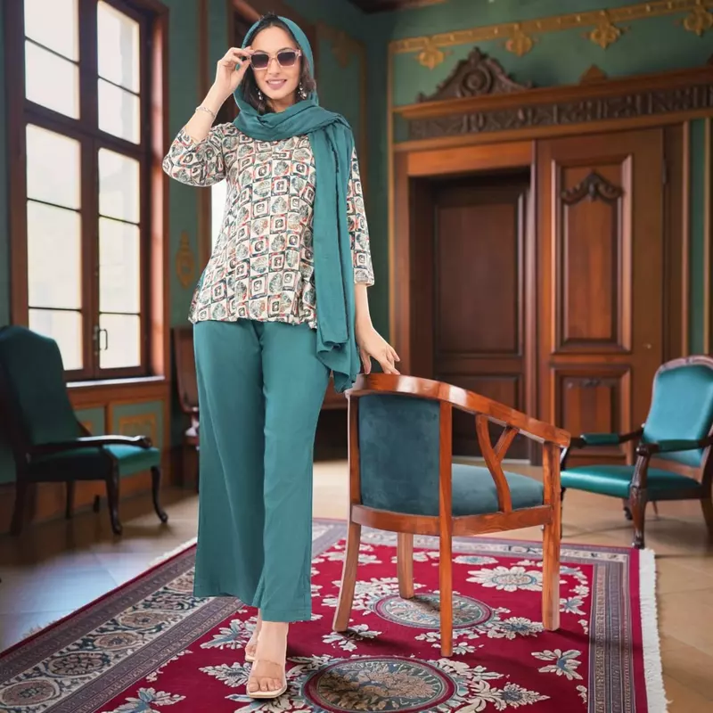 Women Multicolor Crepe Straight Above Knee Geometric Printed Salwar Suit Set