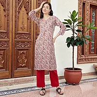 Cotton Floral Print Kurta, 3/4 Sleeves, White and Red Paisley Pattern