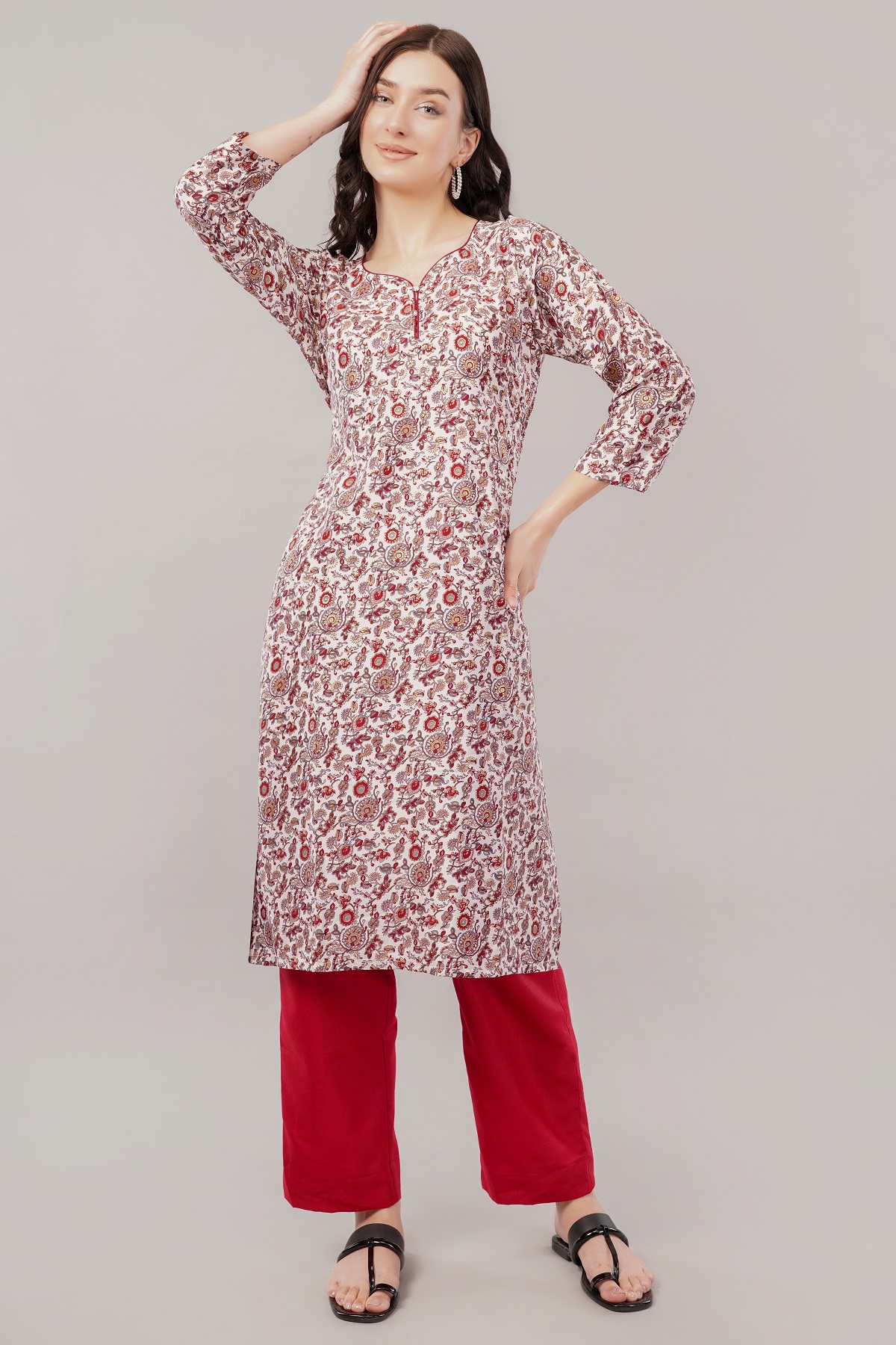 Cotton Floral Print Kurta, 3/4 Sleeves, White and Red Paisley Pattern