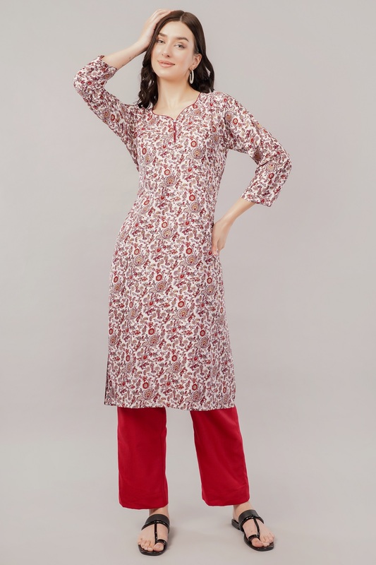 Cotton Floral Print Kurta, 3/4 Sleeves, White and Red Paisley Pattern