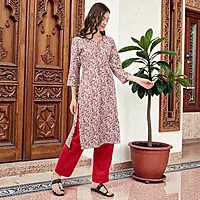 Cotton Floral Print Kurta, 3/4 Sleeves, White and Red Paisley Pattern