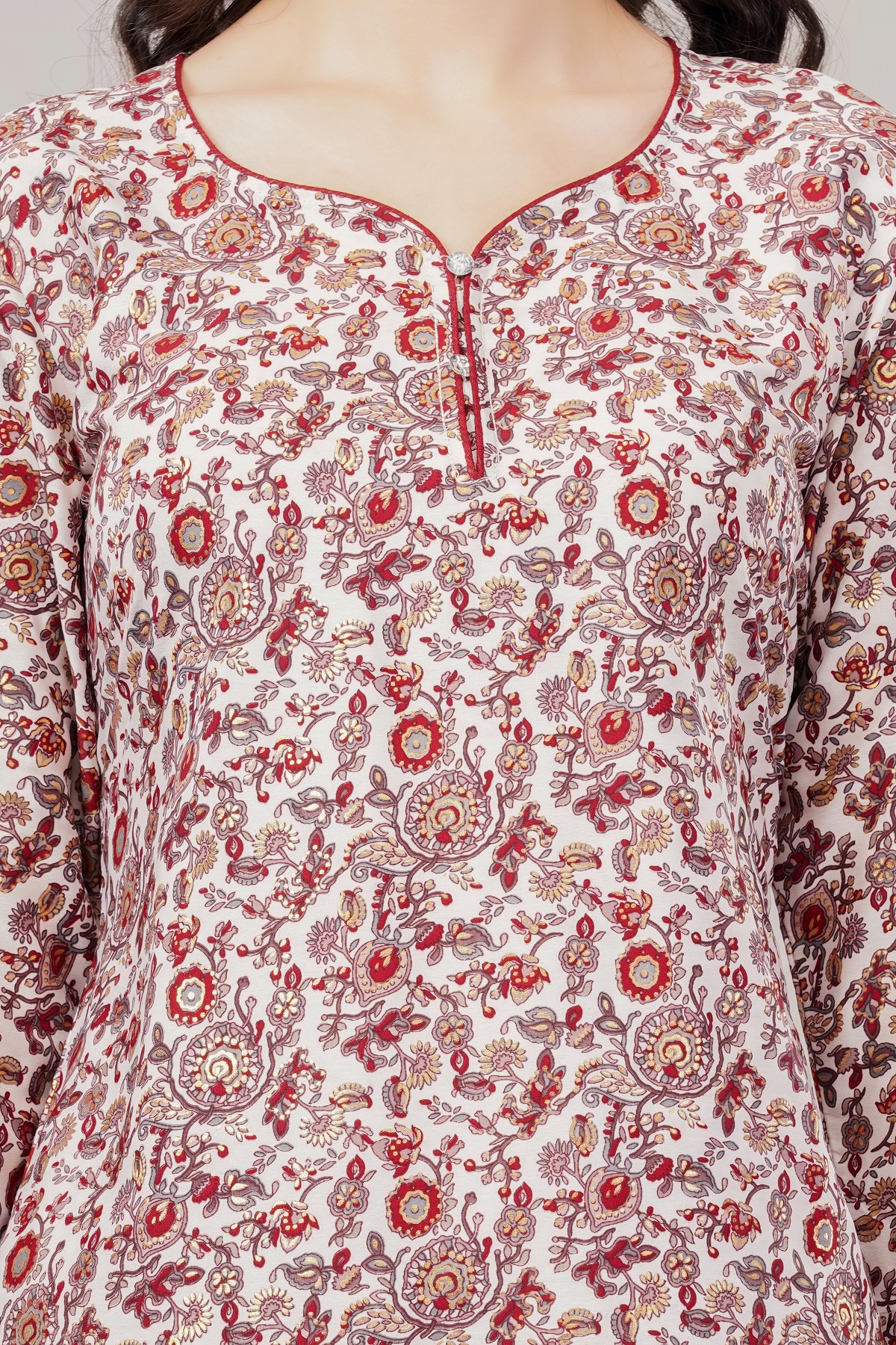 Cotton Floral Print Kurta, 3/4 Sleeves, White and Red Paisley Pattern