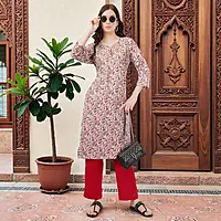Cotton Floral Print Kurta, 3/4 Sleeves, White and Red Paisley Pattern