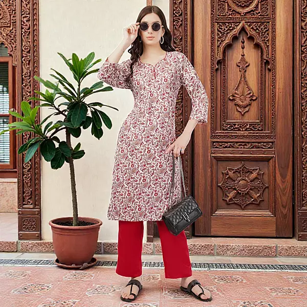 Cotton Floral Print Kurta, 3/4 Sleeves, White and Red Paisley Pattern