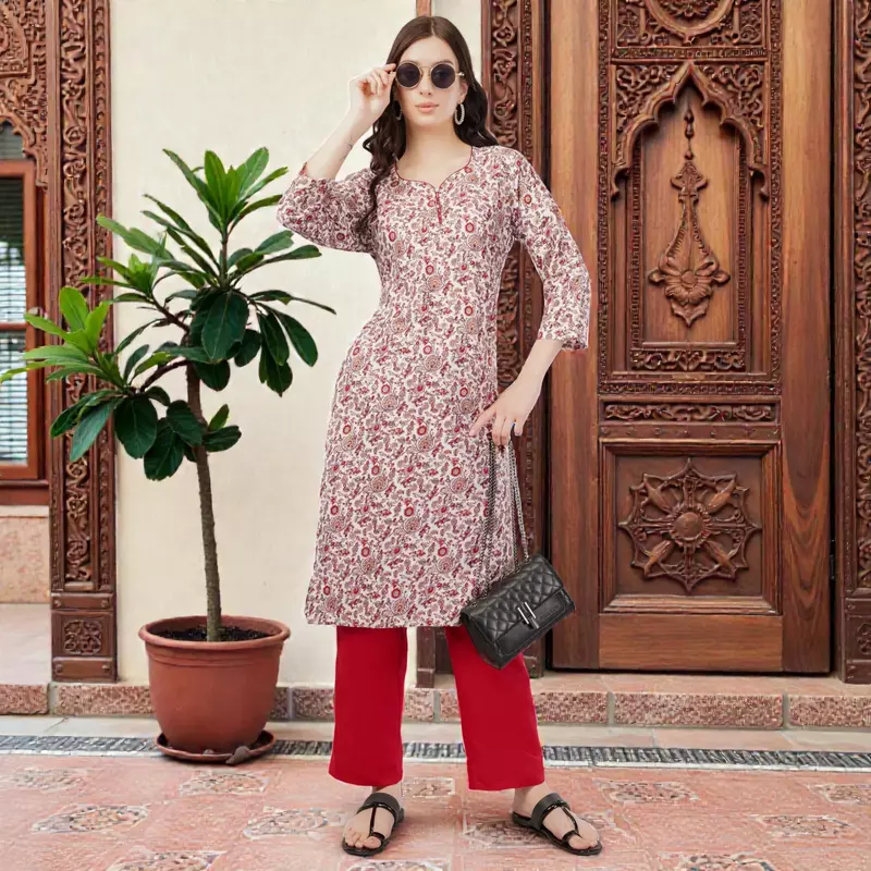 Cotton Floral Print Kurta, 3/4 Sleeves, White and Red Paisley Pattern