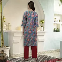 Cotton Floral Kurta, 3/4 Sleeve, Blue with Pink Flowers