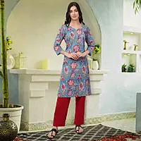 Cotton Floral Kurta, 3/4 Sleeve, Blue with Pink Flowers