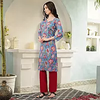 Cotton Floral Kurta, 3/4 Sleeve, Blue with Pink Flowers