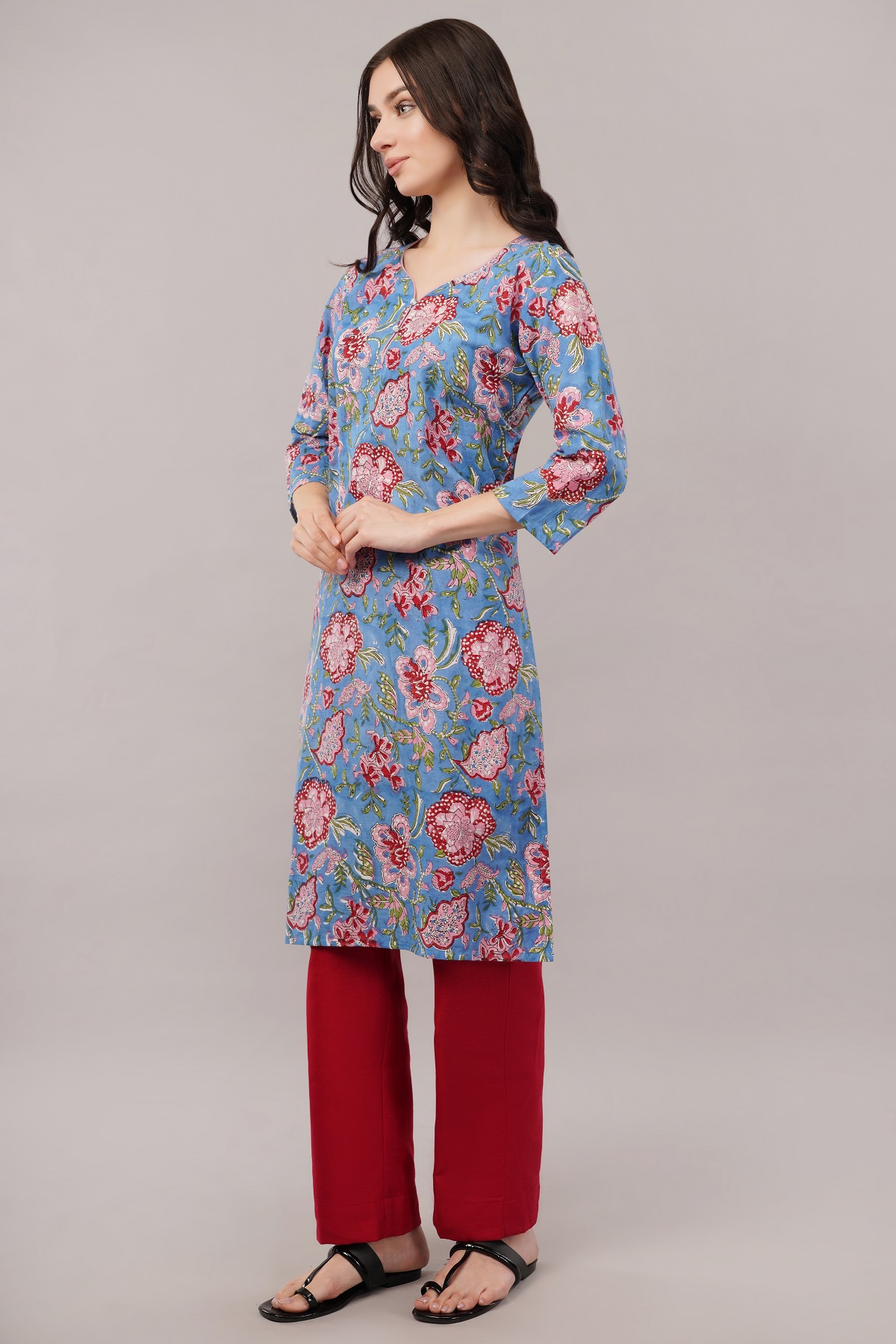Cotton Floral Kurta, 3/4 Sleeve, Blue with Pink Flowers