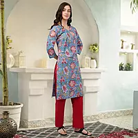 Cotton Floral Kurta, 3/4 Sleeve, Blue with Pink Flowers