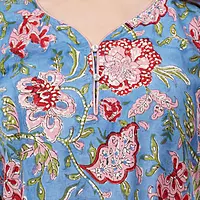 Cotton Floral Kurta, 3/4 Sleeve, Blue with Pink Flowers