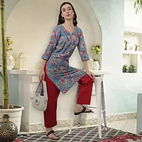 Cotton Floral Kurta, 3/4 Sleeve, Blue with Pink Flowers