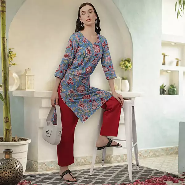 Cotton Floral Kurta, 3/4 Sleeve, Blue with Pink Flowers